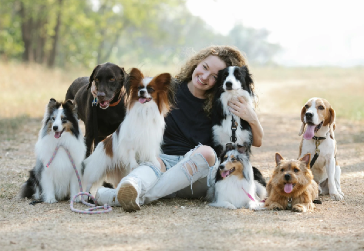 Vrouw met een groep honden
